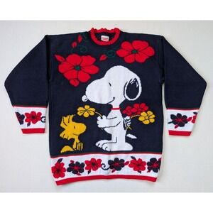 Vintage Snoopy & Friends Sweater Womens Large Navy Floral Peanuts Woodstock 80s